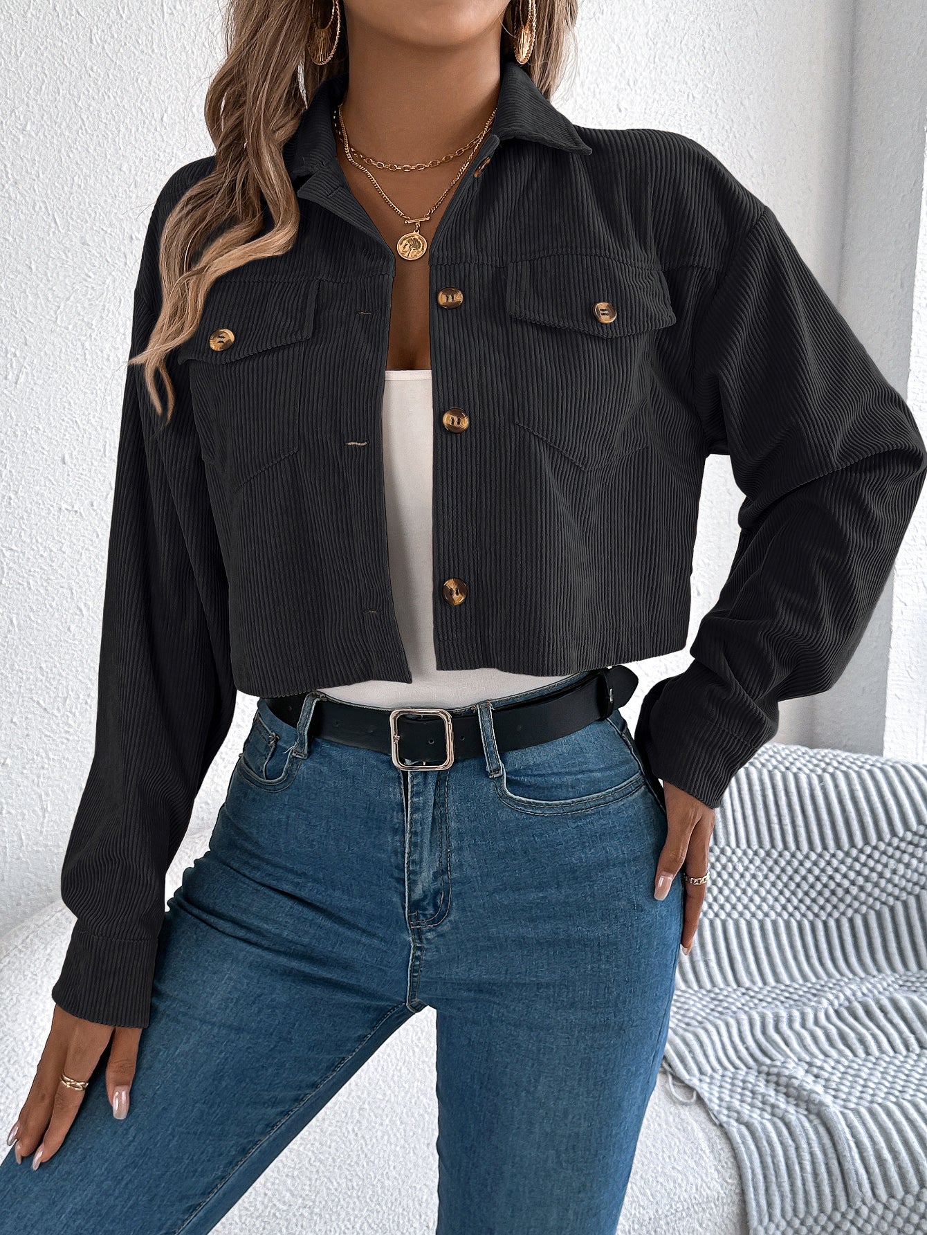 Casual Corduroy Short Jacket with Pockets