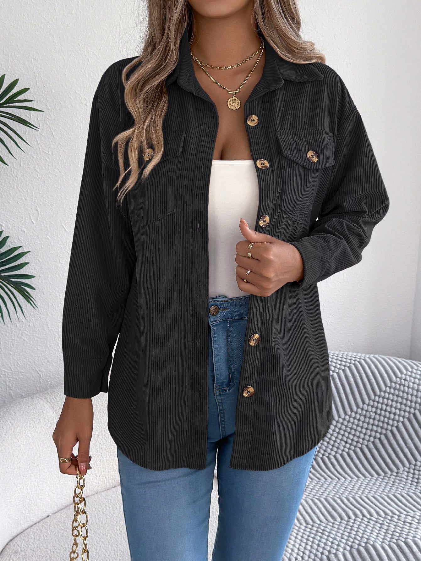 Women’s Faux Pocket Corduroy Jacket – Long Sleeve Mid-Length Styl