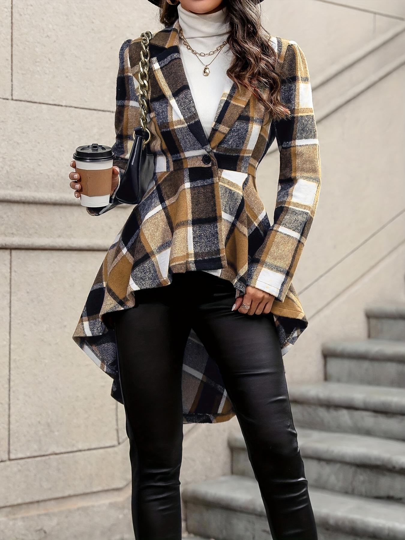 Women’s Plaid Button-Front Jacket – Long Sleeve High-Low Flared Hem