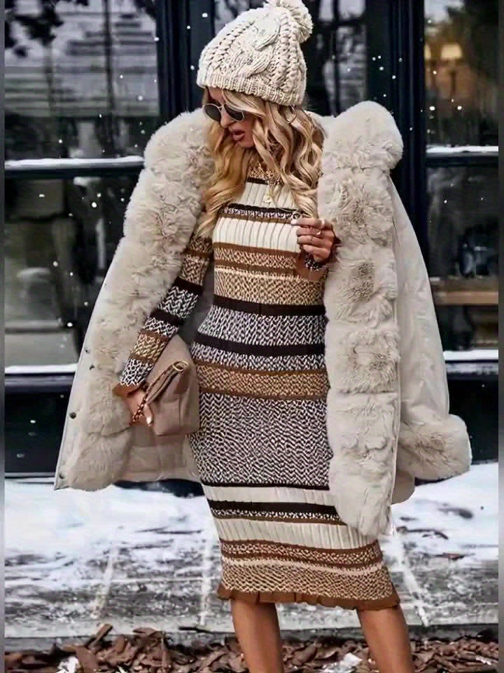 Women’s Elegant Autumn & Winter Dress – Striped High-Stretch French Ribbed Bodycon Long Sleeve Dress, Stylish Matching Jacket Outerwear Dress, Winter Maxi Dress for Women