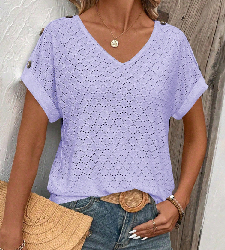 Women’s Solid Color Button Detail Loose Short-Sleeve T-Shirt