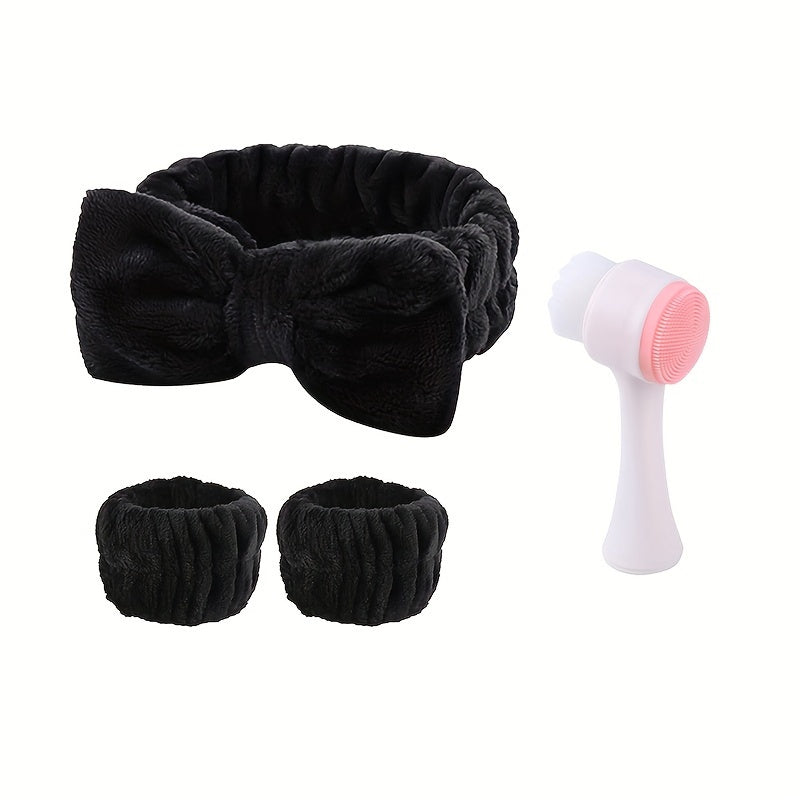π 3D Double Silicone Facial Brush π§΄πββοΈ β Soft Bristles πͺ₯, Exfoliating πΏ, Double-Sided, with Coral Fleece Headband π β Skincare & Travel Friendly βοΈ