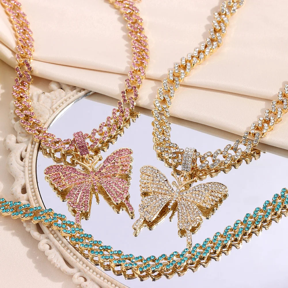 π¦π Bling Butterfly Pendant Necklace β Crystal Cuban Chain for Women β¨πΈ
