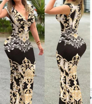 Women's V-Neck Bodycon Maxi Dress β Sleeveless Print