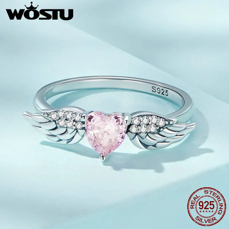 π WOSTU 925 Sterling Silver Angel Wing π Pink Crystal Heart Ring for Women π©β¨ Wedding π Engagement π Fine CZ Jewelry Gift π