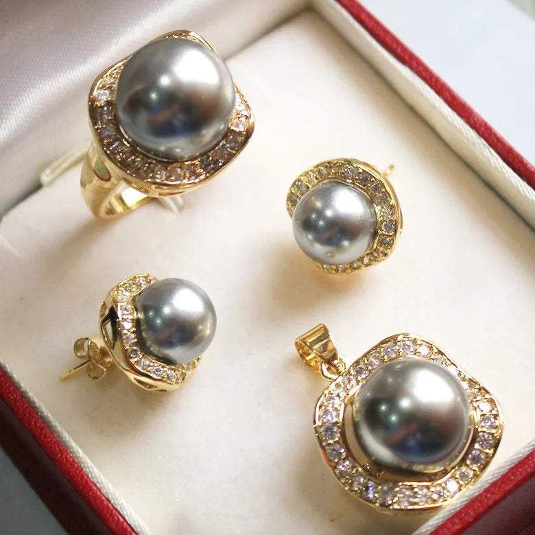π€β¨ White South Sea Shell Pearl Jewelry Set β Necklace, Earrings & Ring (10mm & 14mm) β¨π€