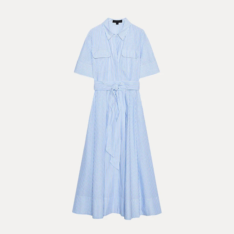 Women's Striped Shirt Dress - High Waist A-Line Short Sleeve Loose Fit