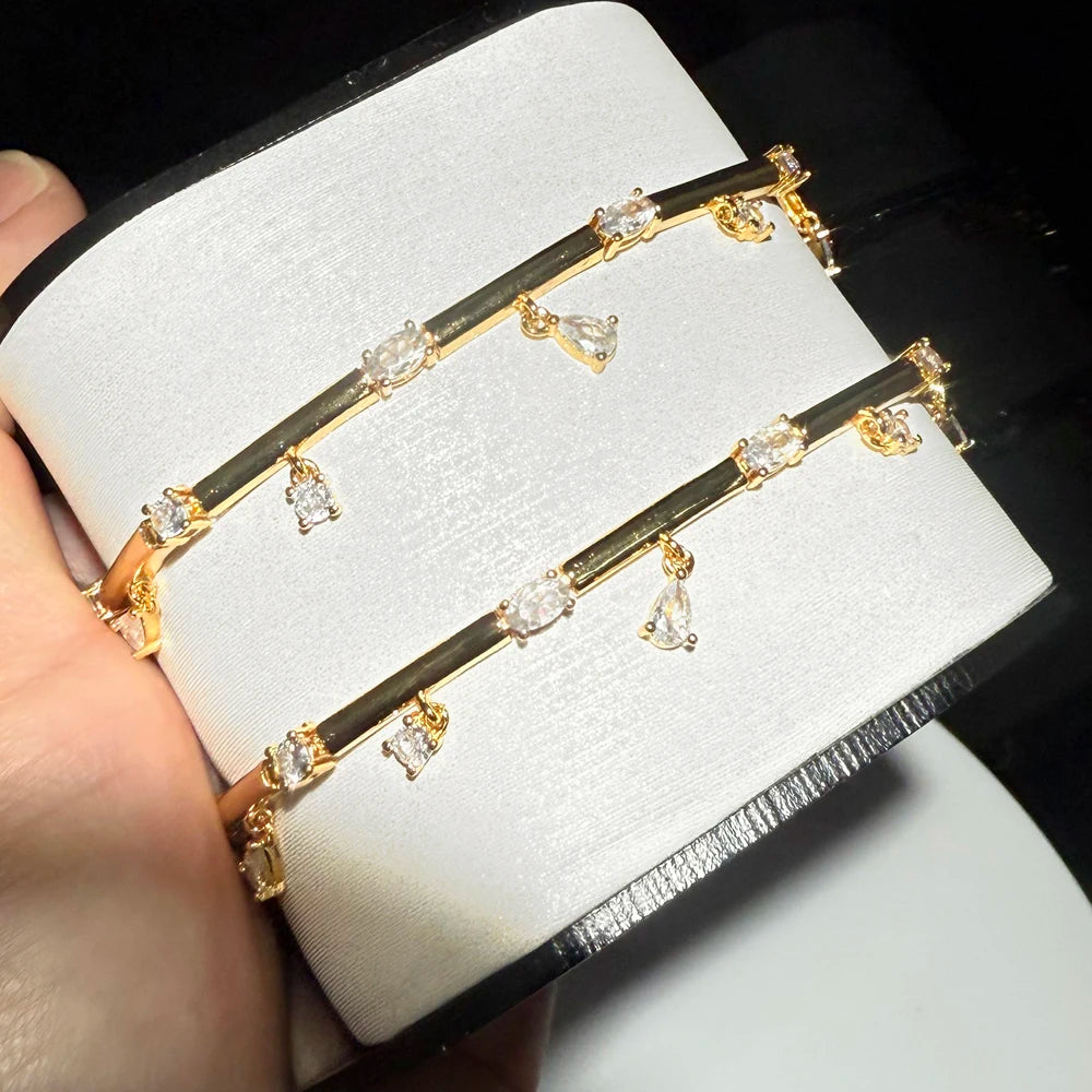 πβ¨ 2025 Bling Geometric CZ Drop Charm Bracelet β Gold Bamboo Link Chain β¨π