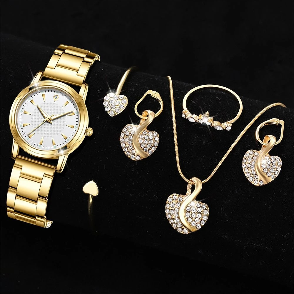 πβ¨ Womenβs Luxury Quartz Watch & Jewelry Set β Gold with Rhinestones β¨π