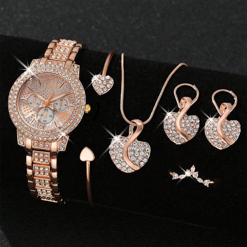 πβ¨ Womenβs Luxury Quartz Watch & Jewelry Set β Gold with Rhinestones β¨π