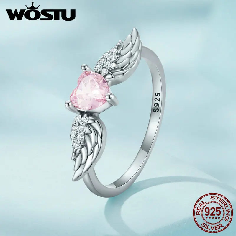 π WOSTU 925 Sterling Silver Angel Wing π Pink Crystal Heart Ring for Women π©β¨ Wedding π Engagement π Fine CZ Jewelry Gift π