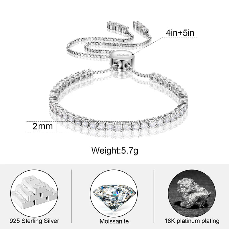 πβ¨ 925 Sterling Silver Moissanite Tennis Bracelet β Adjustable 2/3mm D VVS β¨π