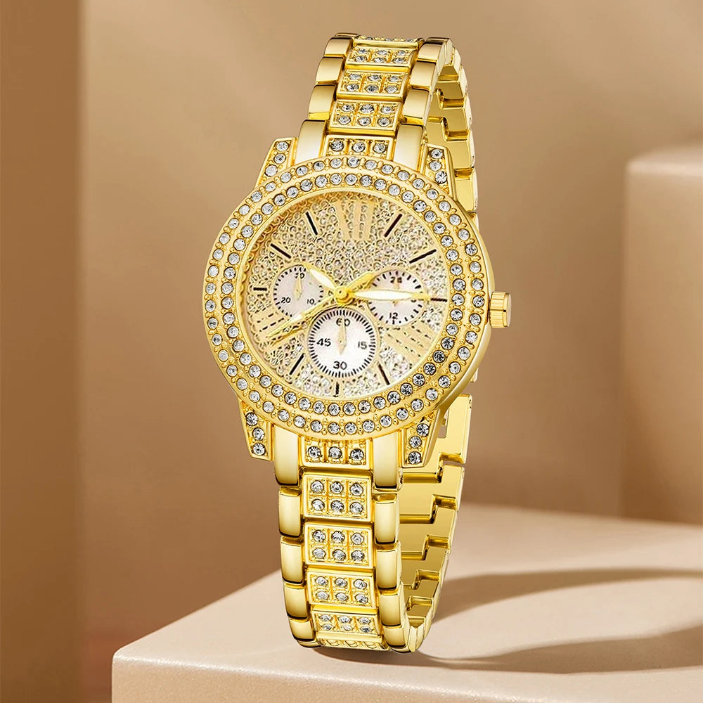 πβ¨ Womenβs Luxury Quartz Watch & Jewelry Set β Gold with Rhinestones β¨π