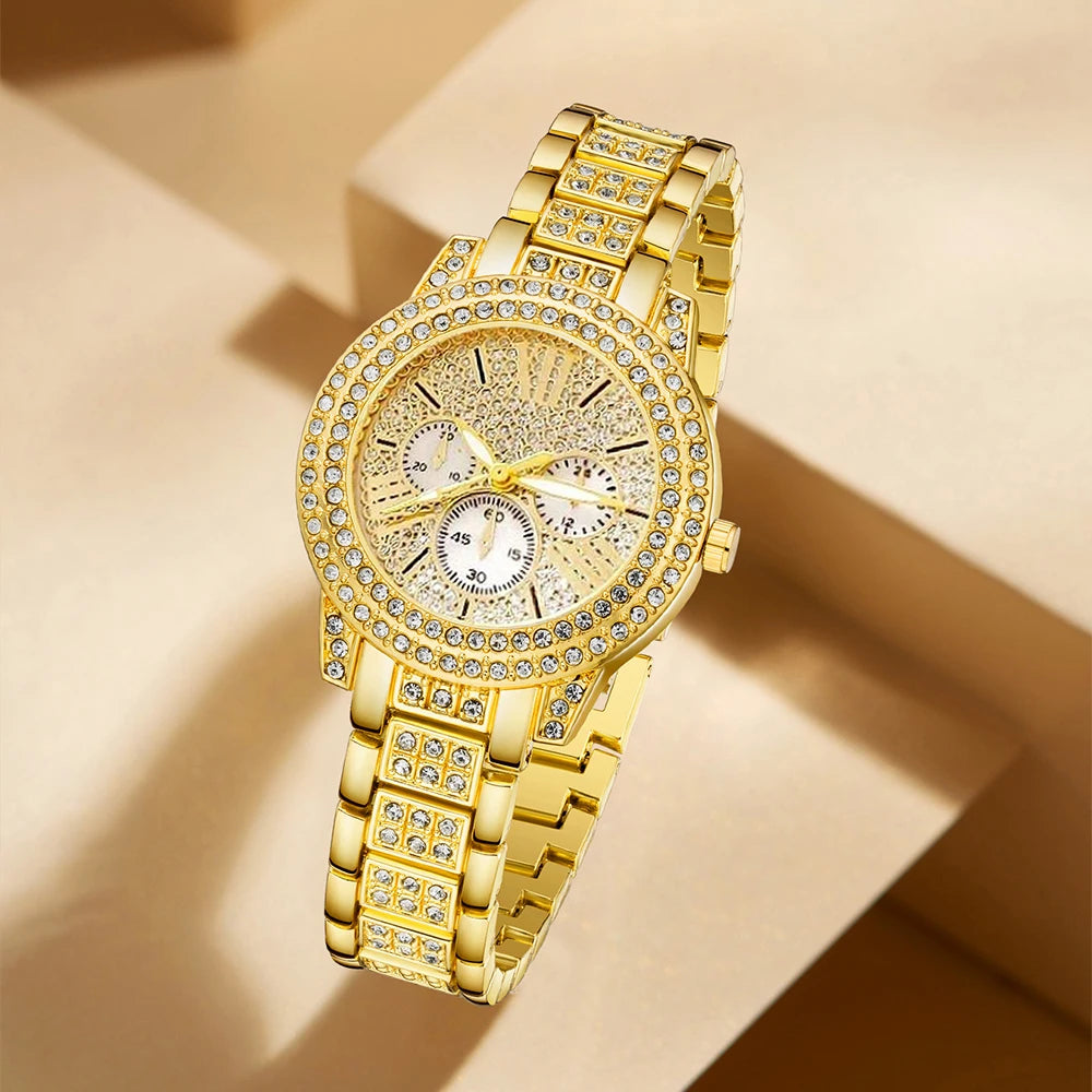 πβ¨ Womenβs Luxury Quartz Watch & Jewelry Set β Gold with Rhinestones β¨π