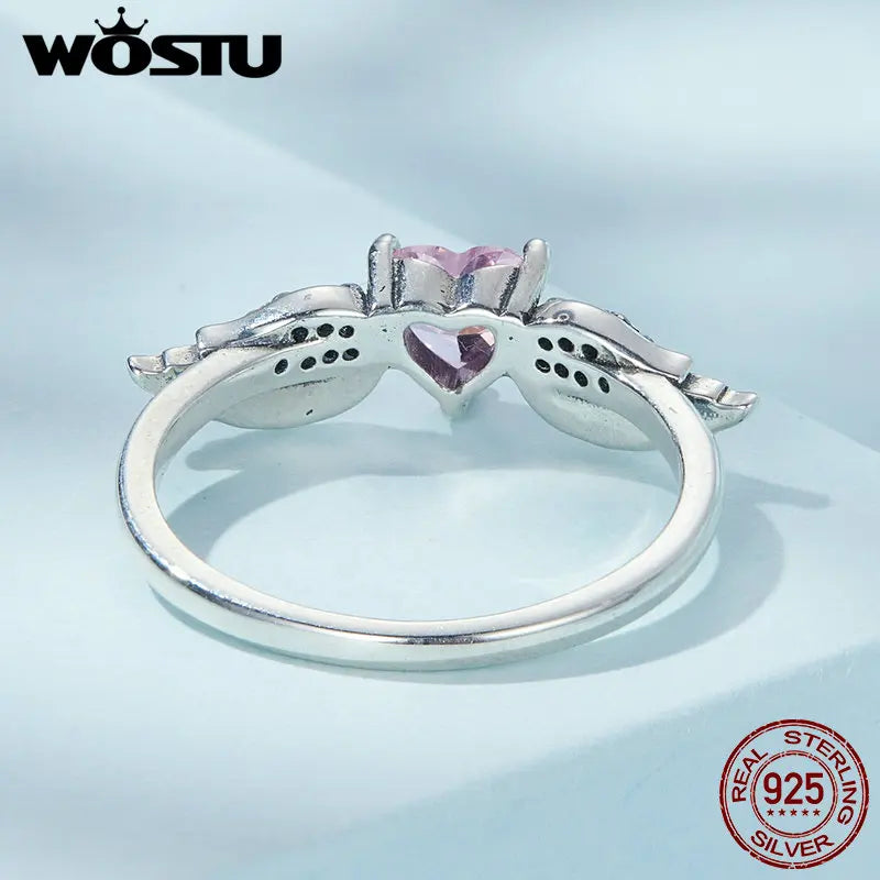 π WOSTU 925 Sterling Silver Angel Wing π Pink Crystal Heart Ring for Women π©β¨ Wedding π Engagement π Fine CZ Jewelry Gift π