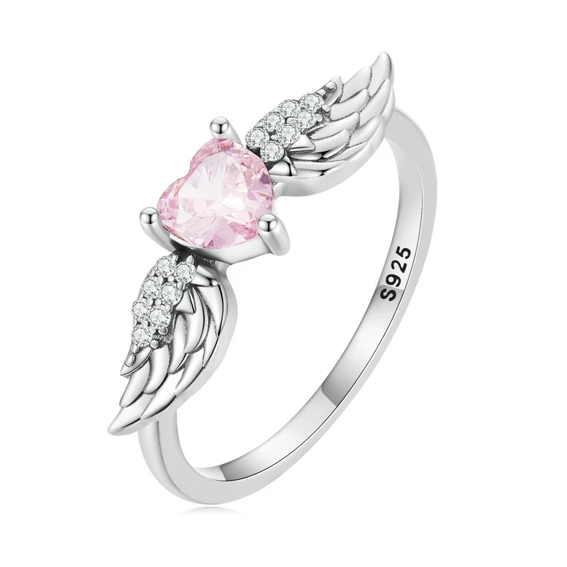 π WOSTU 925 Sterling Silver Angel Wing π Pink Crystal Heart Ring for Women π©β¨ Wedding π Engagement π Fine CZ Jewelry Gift π
