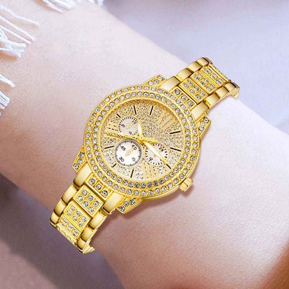 πβ¨ Womenβs Luxury Quartz Watch & Jewelry Set β Gold with Rhinestones β¨π
