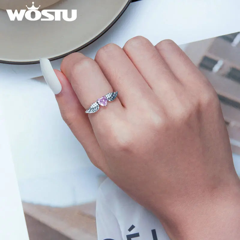 π WOSTU 925 Sterling Silver Angel Wing π Pink Crystal Heart Ring for Women π©β¨ Wedding π Engagement π Fine CZ Jewelry Gift π