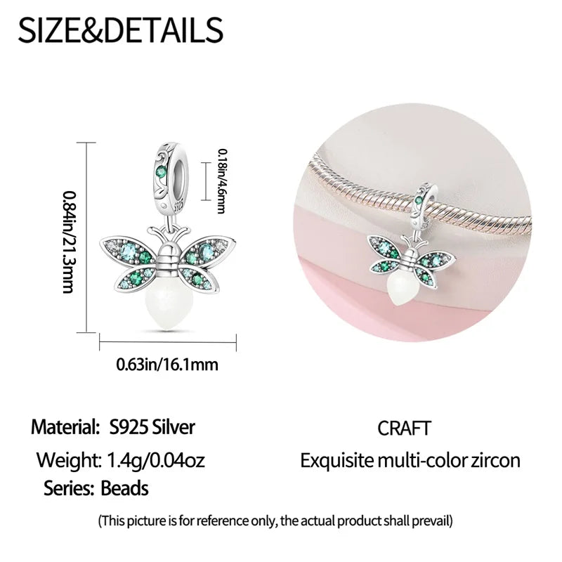 πβ¨ 925 Sterling Silver Luminous Firefly Charm β Green Zircon Bead Pendant β¨π