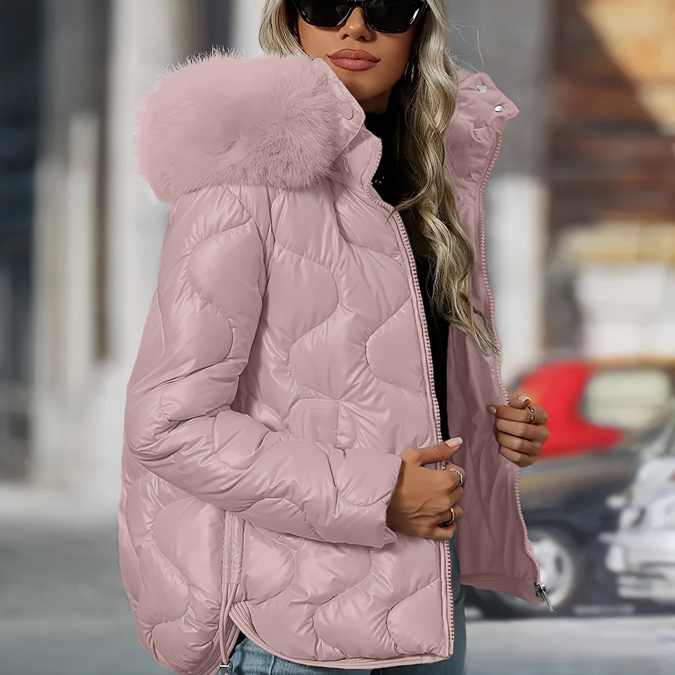 π§₯βοΈ Womenβs Winter Jacket with Faux-Fur Hood & Collar ππ€ Pink / White Puffer Coat | π₯ Elegant Warm Outerwear | π Long Sleeve β Hand Washable | π Casual to Dressy | π Stylish Winter Coat for Women