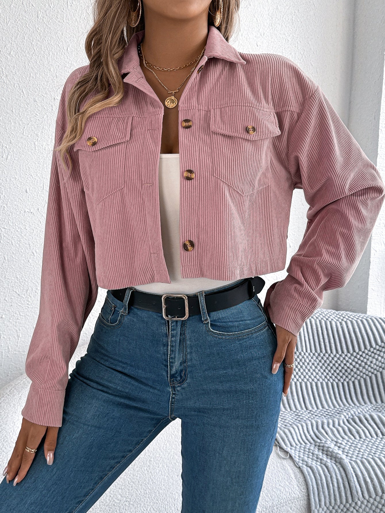 Casual Corduroy Short Jacket with Pockets