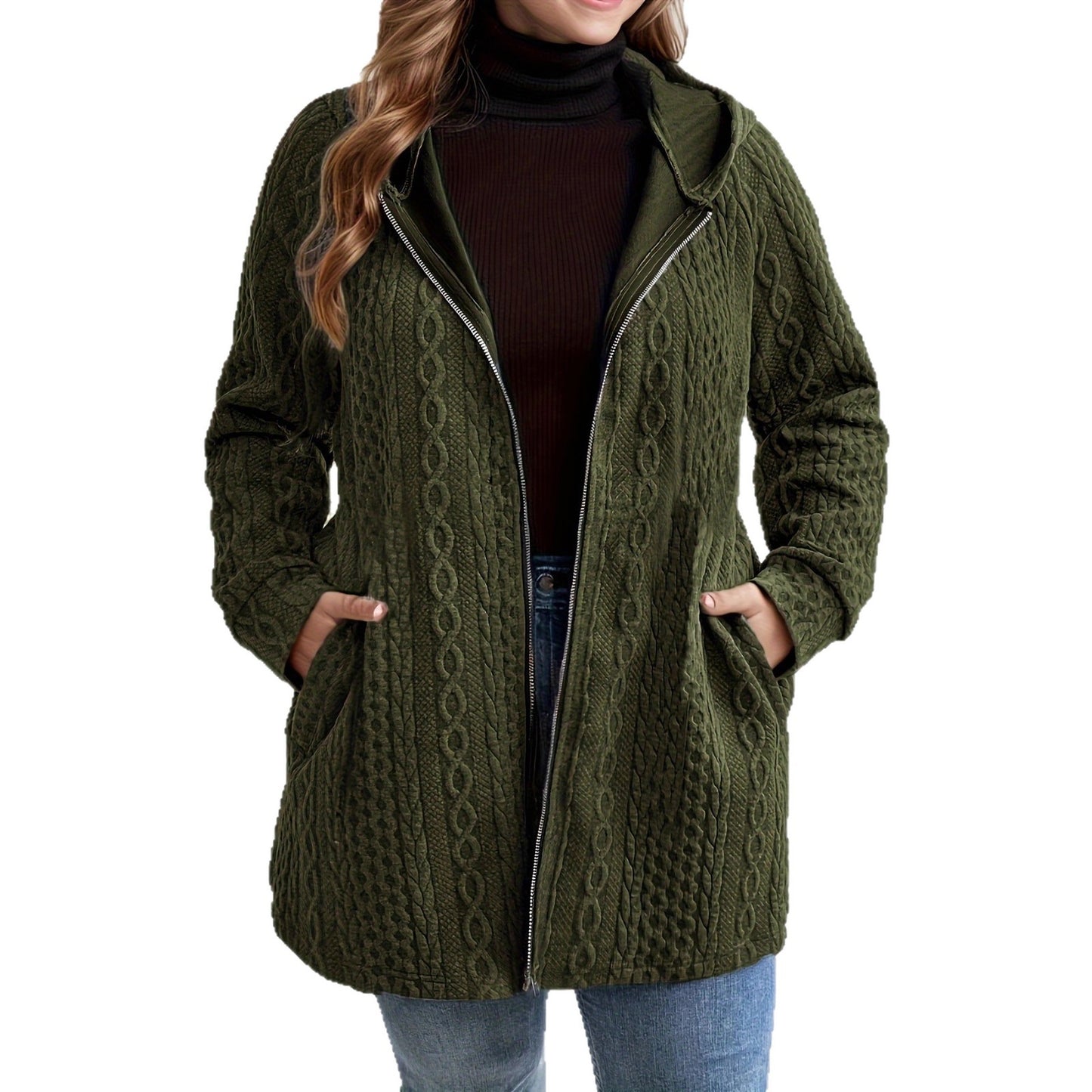 Women’s Hooded Patchwork Coat – Solid Color Wavy Pattern with Pockets