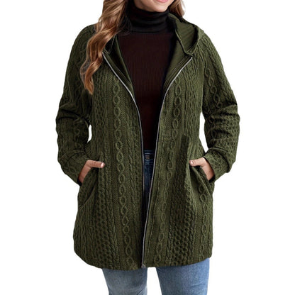 Women’s Hooded Patchwork Coat – Solid Color Wavy Pattern with Pockets