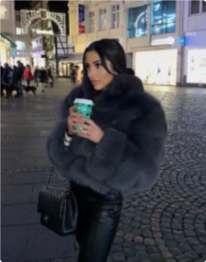 Women’s Faux Fox Fur Short Coat – Lapel Collar, Long Sleeve