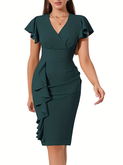 Elegant V-Neck Bodycon Dress with Ruffle Hem 👗✨