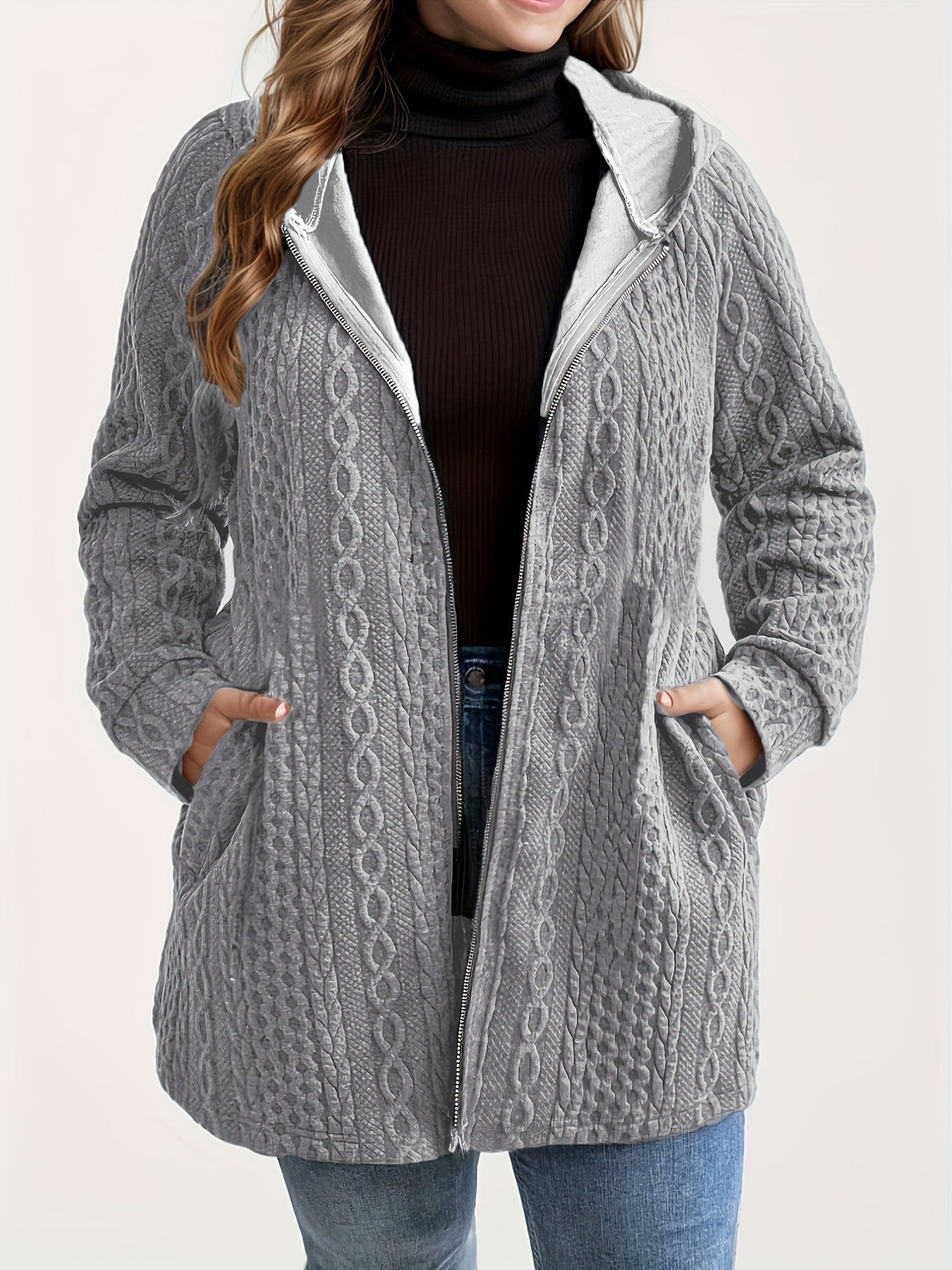 Women’s Hooded Patchwork Coat – Solid Color Wavy Pattern with Pockets