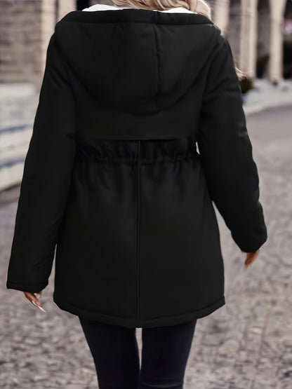 🧥❄️ Women’s Cozy Fleece-Lined Hooded Winter Coat 🔥 Thick & Warm | 🔒 Zip-Up Hood | 🎀 Drawstring Waist 🖤 Black | ⛄ Perfect for Cold Weather | 🌟 Stylish Winter Jacket