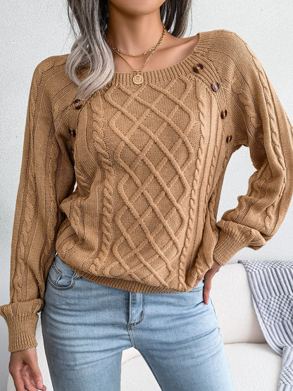 Autumn/Winter European & American Casual Solid Color Square Neck Button Twist Long Sleeve Sweater