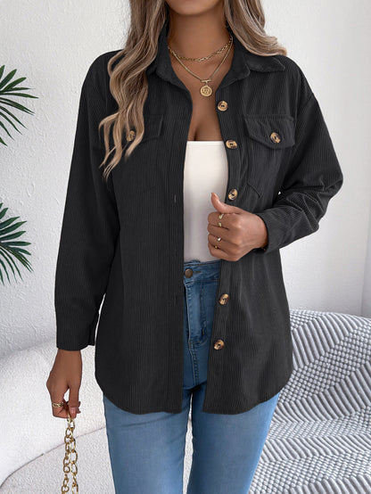 Women’s Faux Pocket Corduroy Jacket – Long Sleeve Mid-Length Styl