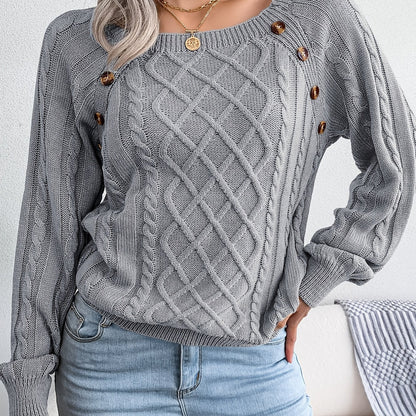 Autumn/Winter European & American Casual Solid Color Square Neck Button Twist Long Sleeve Sweater