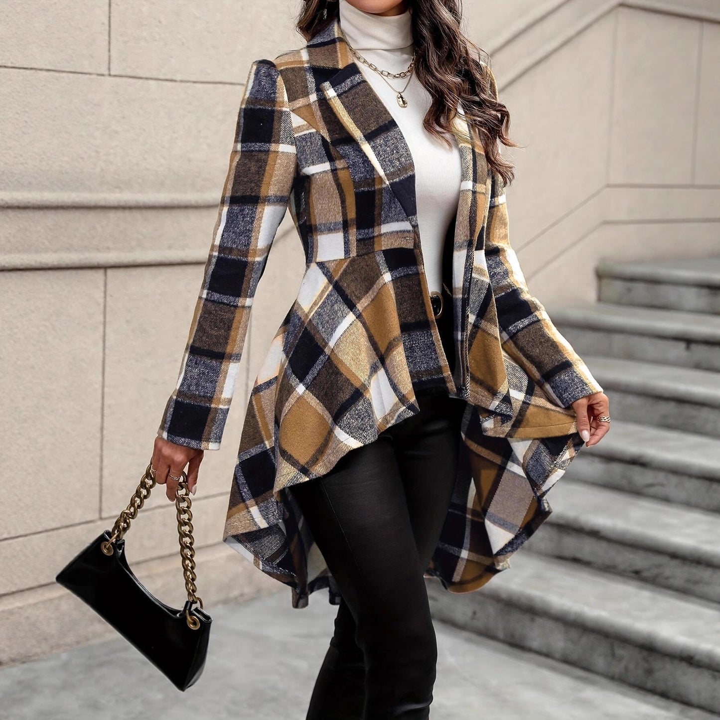 Women’s Plaid Button-Front Jacket – Long Sleeve High-Low Flared Hem