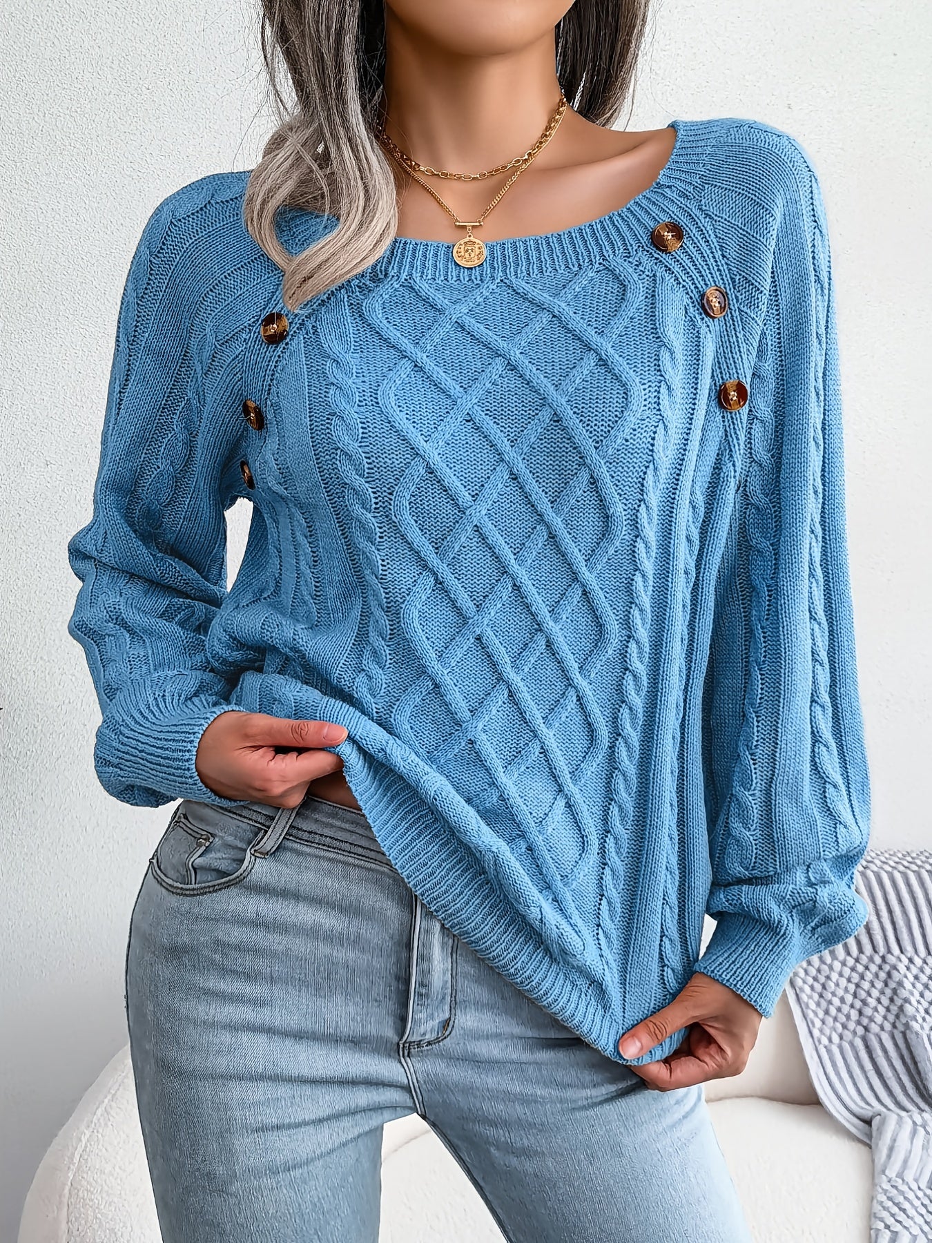 Autumn/Winter European & American Casual Solid Color Square Neck Button Twist Long Sleeve Sweater