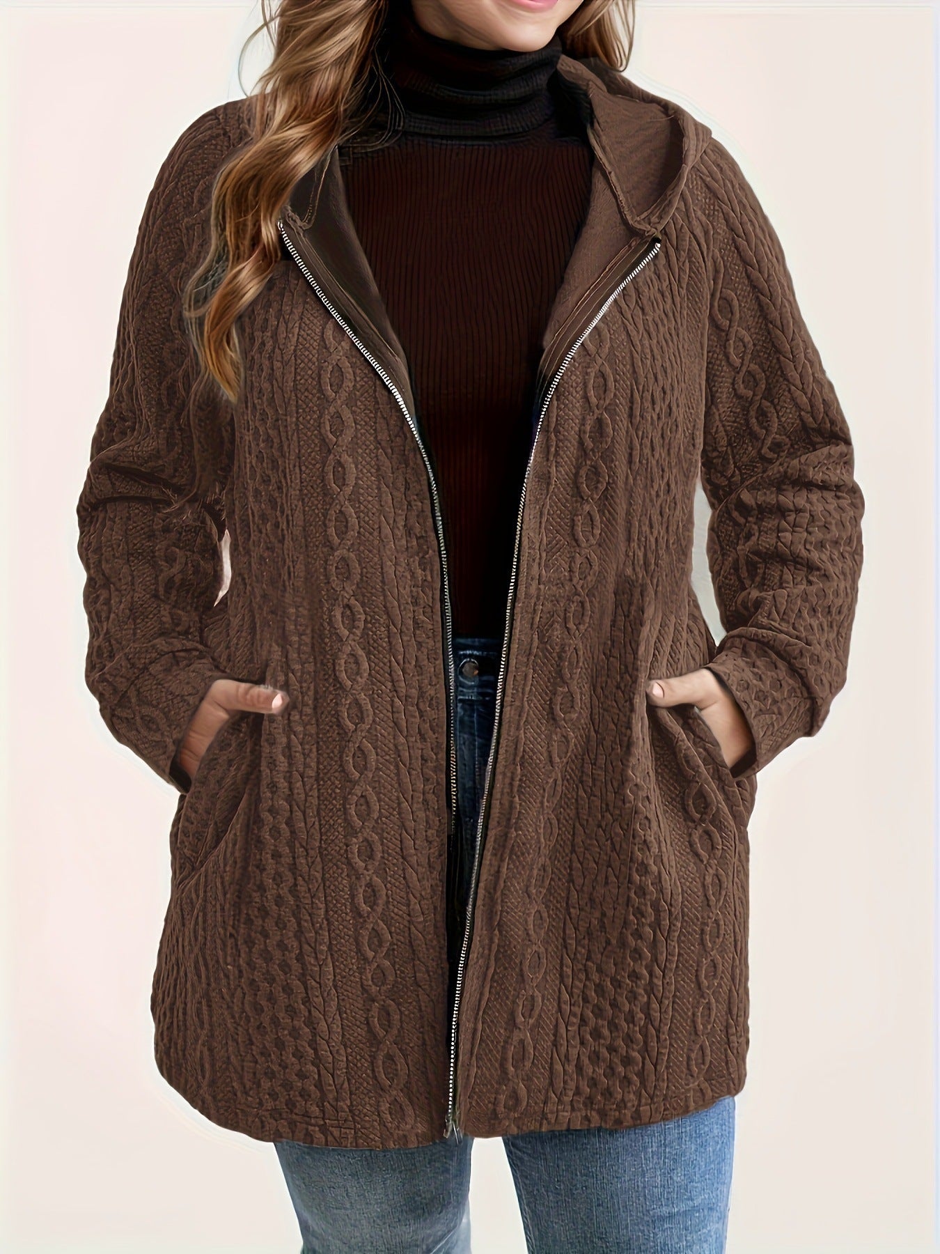 Women’s Hooded Patchwork Coat – Solid Color Wavy Pattern with Pockets