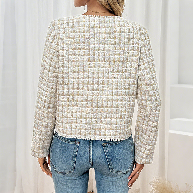 Elegant Retro Lace V-Neck Plaid Coat for Women