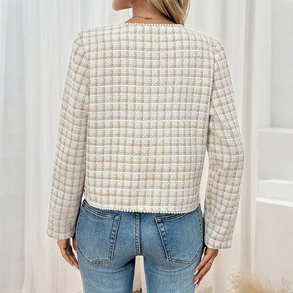 Elegant Retro Lace V-Neck Plaid Coat for Women