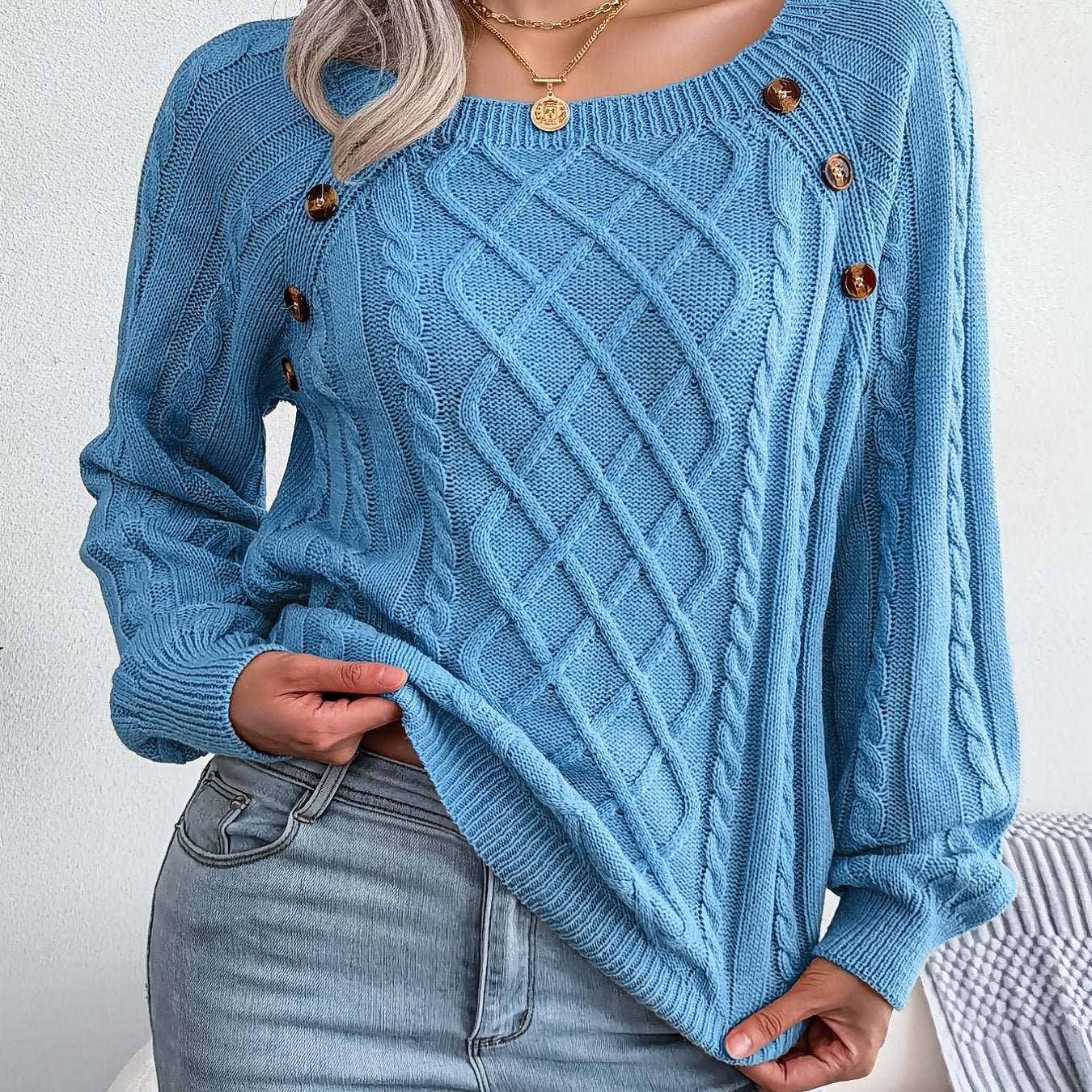 Autumn/Winter European & American Casual Solid Color Square Neck Button Twist Long Sleeve Sweater