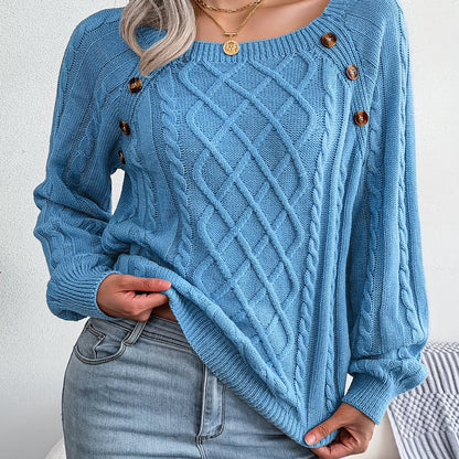 Autumn/Winter European & American Casual Solid Color Square Neck Button Twist Long Sleeve Sweater