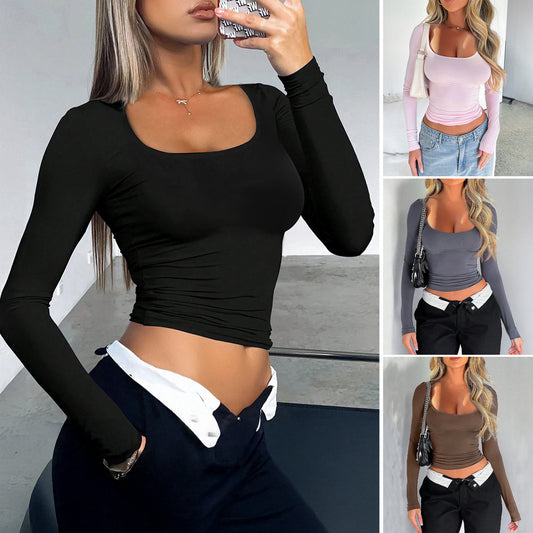 Women’s Slim-Fit U-Neck Long Sleeve Top – Solid Color Style