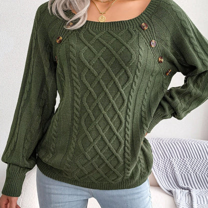 Autumn/Winter European & American Casual Solid Color Square Neck Button Twist Long Sleeve Sweater