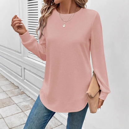 Women’s Long Sleeve Waffle Texture Top – Solid Color, Round Neck
