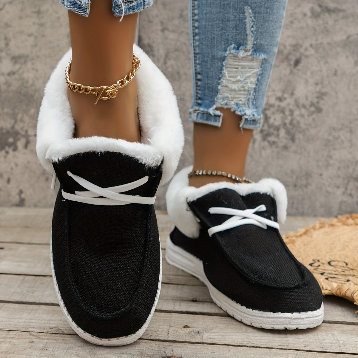 Women’s Fleece-Lined Canvas Shoes – Warm Thermal Slip-On Low-Top Winter Flats