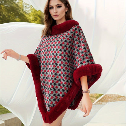 ✨ Women’s Houndstooth Cape-Style Poncho Coat – Faux Fur Trim Short Winter Wrap ❄️🧥 Elegant Black & White Warm Shawl for Fall & Winter 🍂❄️ Middle Eastern–Inspired Cape Design for Chic, Luxurious Style ✨