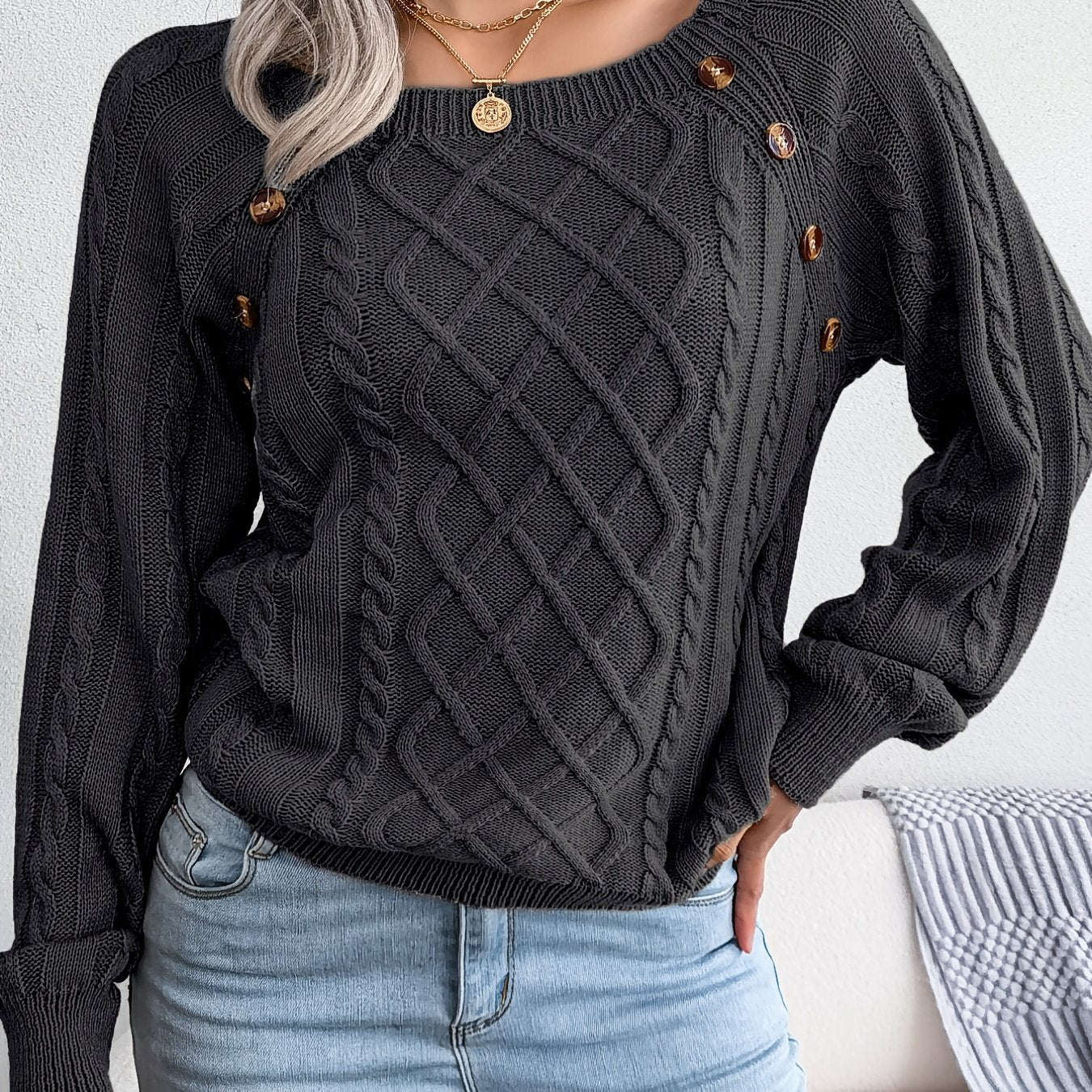Autumn/Winter European & American Casual Solid Color Square Neck Button Twist Long Sleeve Sweater