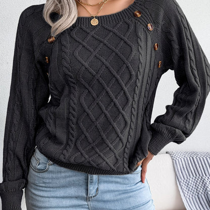 Autumn/Winter European & American Casual Solid Color Square Neck Button Twist Long Sleeve Sweater