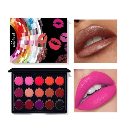 💄✨ 15 Colors Waterproof Lipstick Palette – Matte & Shiny Shades 💋🌈