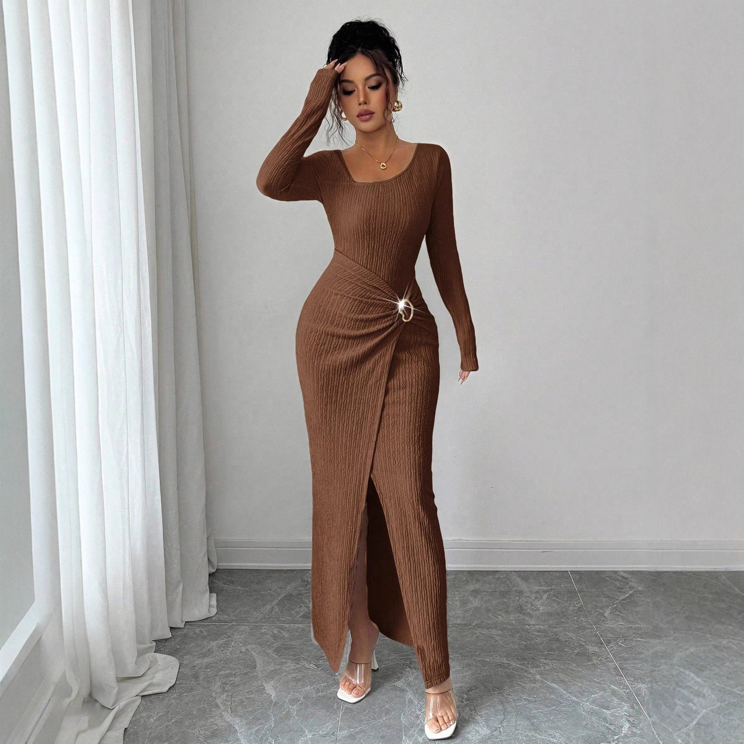 Women’s Irregular Neckline Knitted Long Dress – Autumn & Winter Solid Color Style